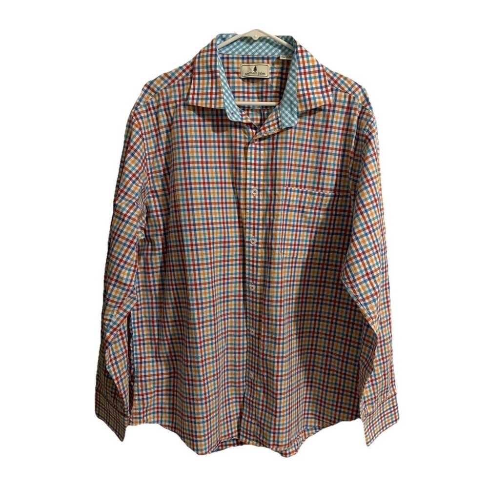 Southern Pines Mens Size XL Button Up Shirt Blue Red Casual Long Sleeve Plaid